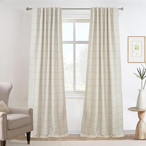 DriftAway 100% Blackout Plaid Linen Curtains 96 Inches Long 2 Panels Taupe