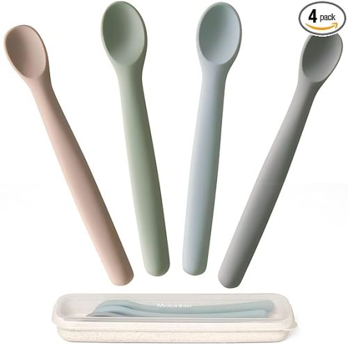 Moonkie Silicone Baby Spoons Set of 4, Toddler Spoons for Self Feeding 6 Months, Two Sizes Feeding Spoons for First Stage 4+ Months, Infant, Baby Utensils with Case, Bendable, Chewproof & Boil-proof
