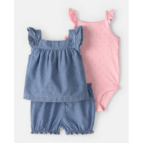 Baby Girl 3-Piece Chambray Outfit Set - Blue/Pink | Carter's