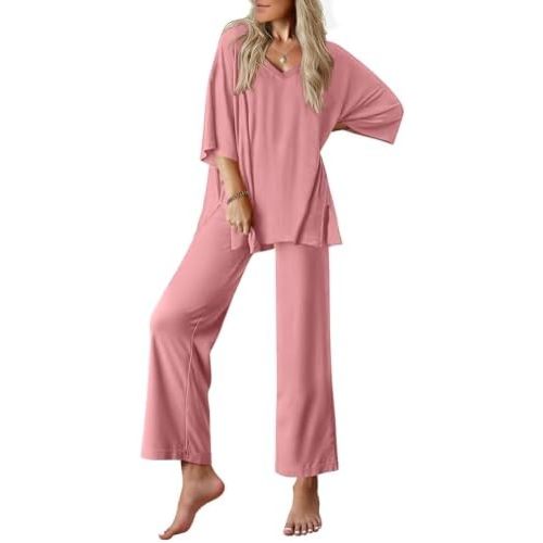 Ekouaer Lounge Sets for Women Pajamas Set Short Sleeve Tops and Long Pants Soft 2 Piece Outfits with Pockets S-XXL