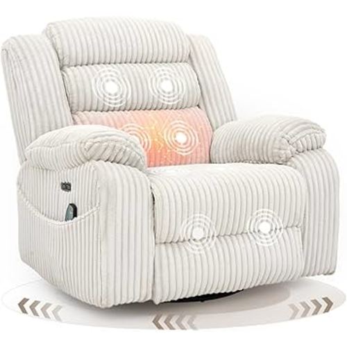 Power Swivel Rocker Recliner Chair for Adults with Massage and Heat, USB and Type-C Charging Port, Infinite Position, Electric Glider Rocking Chairs for Living Room, Nursery, Pale Grey