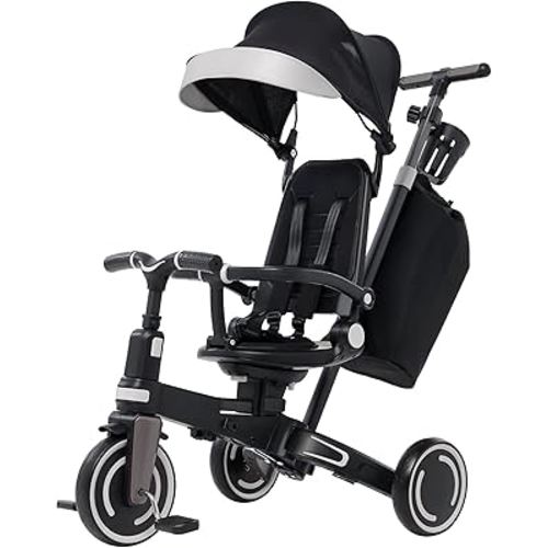 Aneco 9-in-1 Multi-functional Baby Tricycle for Toddlers 10 Months-3 Years with Removable Canopy Rotatable Seat Safety Harness Wheel Brake Adjustable Push Handle Storage Bag Cup Holder, Black and Gray