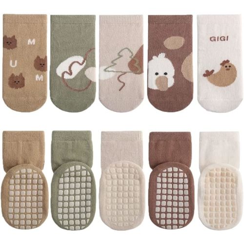 FedMois 5 Pairs Baby Little Kids Anti-slip Socks Cotton non skid Ankle Socks Animals