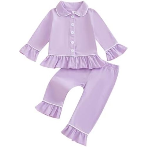 fhutpw Toddler Kids Baby Girl Pajamas Set Solid Color Ruffle Long Sleeve Button Shirt Top Pants Cotton Infant 2Pcs Pjs Set