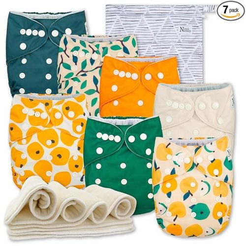 Nora's Nursery Cloth Diapers 7 Pack with 7 Inserts & 1 Wet Bag - Waterproof Cover, Washable, Reusable & One Size Adjustable Pocket Diapers for Newborns and Toddlers - PearFect