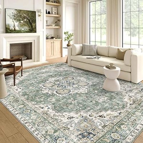 6x9 Area Rug for Living Room - Large Oriental Washable Rugs for Bedroom Non-Slip Sage Green Stain Resistant Dining Room Rug Farmhouse Low-Pile Carpet Soft Vintage Rug for Office Guest Room
