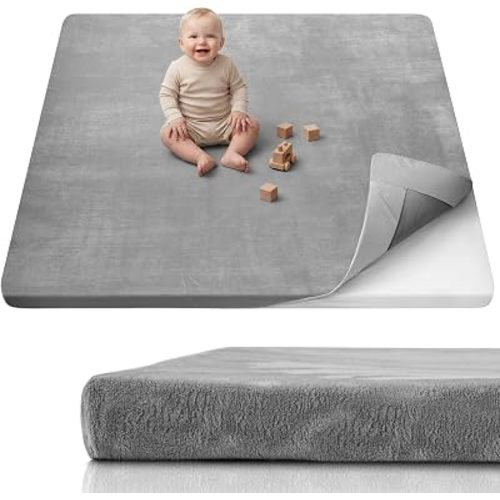 Blissful Diary 1.3" Thick Baby Play Mat, 59x59 Playpen Mat with Removable & Washable Cover, Ultra Soft Crawling Rug for Floor, Foam Cushion & Non-Slip Backing for Kid, Toddlers and Infants, Light Grey