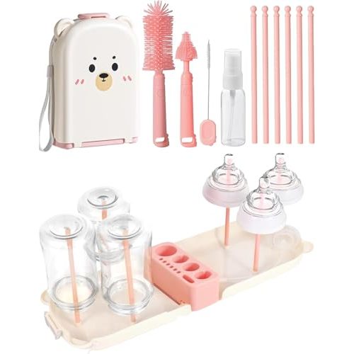 Travel Bottle Cleaner kit, 7in1 Baby Travel Gear Essential Silicone Travel Bottle Brush Set Nipple Drying Rack, Straw Breast Pump Cleaning Soap Dispenser Organizer Case Mon Gift (Pink)
