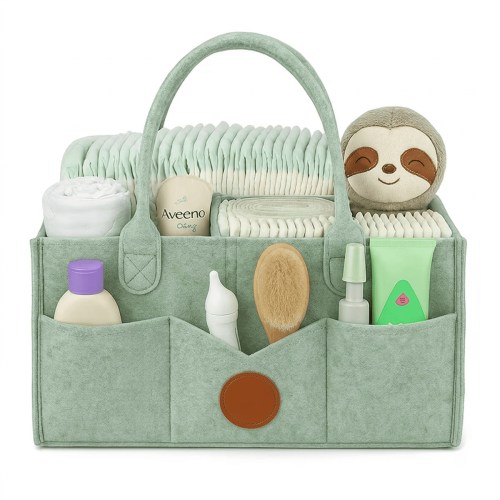 AWLYLNLL Diaper Caddy Organizer - Diaper Caddy for Baby Nursery Storage, Felt Diaper Organizer for Baby Stuff with Handle, 13" x 9" x 7" Portable Baby Basket Boy Girl Changing Table Organizer (Green)