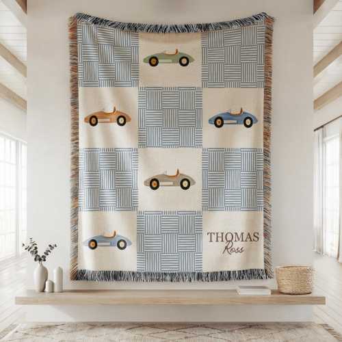 Personalized Car Baby Blanket for Boys, Vintage Race Car Nursery Throw, Custom Name Blanket, Toddler Blanket Baby Shower Gift race baby gift