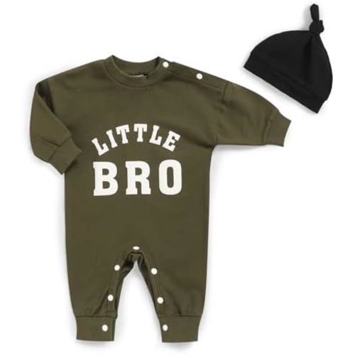 Newborn Boy Fall Winter Outfits Baby Boy Soft Cotton Romper Little Bro Print Jumpsuit Coming Home Clothes with Hat
