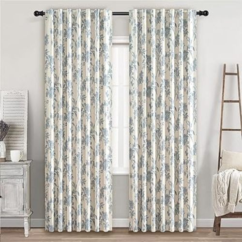 WOUVMA 100% Blackout Boho Floral Curtains Blue Floral French Country Curtains 84 inch Length Neutral Linen Curtain Vintage Bedroom Decor Set 2 Panels