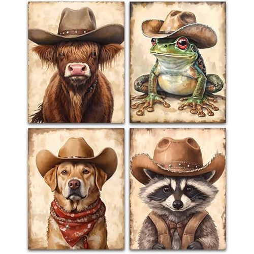 Western Cowboy Nursery Wall Art Prints,Funny Animals Cowboy Wall Art Prints,Vintage Western Farmhouse Wearing Cowboy Hat Wall Decor for Nursery Kid Room Set of 4(8"x10"Unframed)