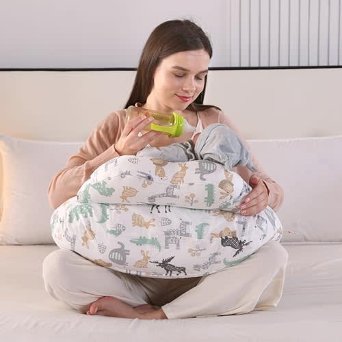 BABYLIAN Nursing Pillow for Breastfeeding,Ergonomic Baby Feeding Pillows with Removable Washable Cotton Slipcover, Adjustable Waist Strap,Plus Size,More Support for Mom and Baby(Nordic Animal World)