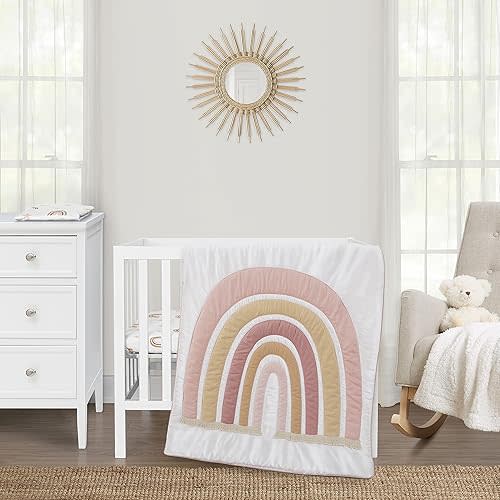 Sweet Jojo Designs 3-Piece Baby Mini Crib Bedding Set (Boho Rainbow) for Girls, Infants/Nursery incl. Blanket & Portable Pack n Play Fitted Sheets (Pink, Bohemian, Modern, Celestial, Sky, Mauve & Tan)