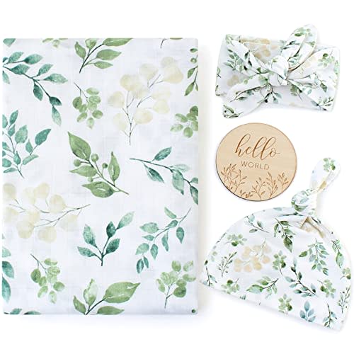 LifeTree Newborn Swaddle Set with Matching Hat and Headband Bow, Wooden Birth Announcement Card, Muslin Baby Swaddle Blankets for Boys & Girls, Eucalyptus Leaves and Greenery Plants