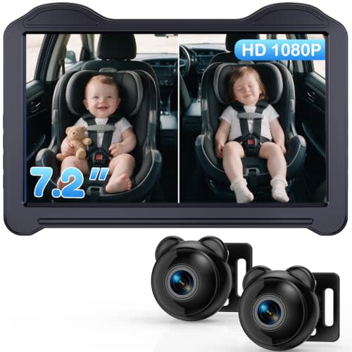 1080P Dual Baby Car Camera for 2 Kids: 7.2'' Split Screen Monitor for Twins | Auto-Brightness Car Seat Camera with Cable Clips – Organizes Cables for Neat & Easy Setup for Road Trips and Daily Commutes
