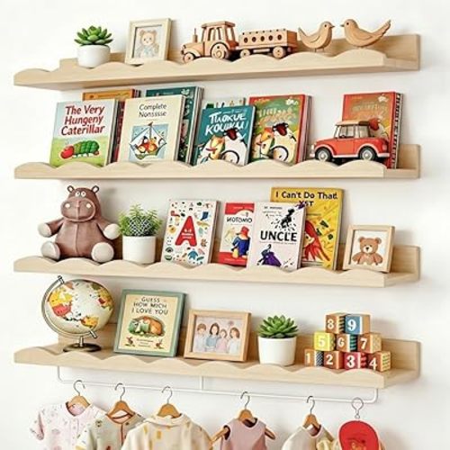 Fixwal Nursery Shelves, 24 Inch Floating Bookshelves for Wall Set of 4, Scalloped Wall Book Shelves with Towel Rack for Kids, Toddler Room, Baby Room, Nursery Decor and Storage(Natural Wood)