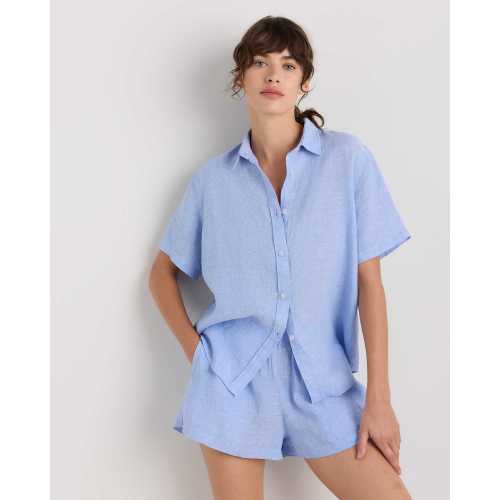 100% European Linen Shorts Pajama Set in French Blue