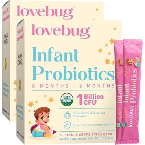 LOVEBUG Infant Probiotics 0-6 Months - USDA Organic Probiotics for Babies, Supports Baby Gas, Colic, Diarrhea and Newborn Constipation Relief, Allergen & Sugar Free, Tasteless Powder, 60 Pack