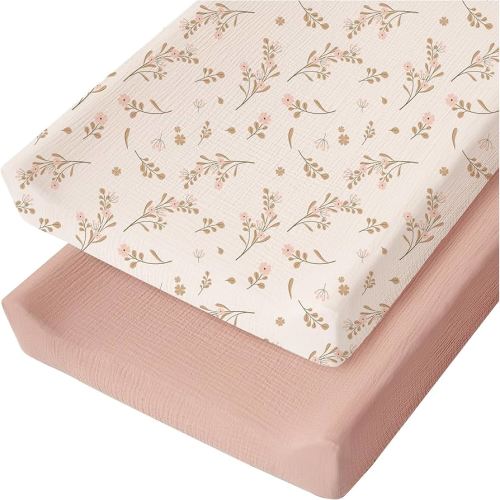 Konssy Muslin Changing Pad Cover for Baby Girls Boys, 100% Cotton Fitted Diaper Chang Table Covers, Soft Breathable Changing Pad Sheets, 2 Pack (Floral,Pink)