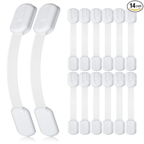 4our Kiddies 14 Pack Baby Proof Cabinet Latches, Childproof Drawer Latches with 12 Extra 3M Adhesives, Adjustable No Drilling Child Safety Cabinet Locks Straps Baby Drawer Locks for Kids Baby Safety