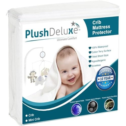 PlushDeluxe Mattress Protector, Waterproof Mattress Cover, Breathable Soft Cotton Terry Surface, Mini-Crib - 27"X 39"