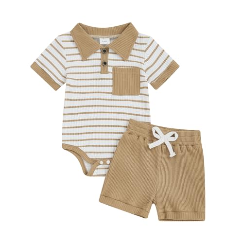 0-18M Baby Boy Summer Clothes Shorts Set Stripes Ribbed Bodysuit Polo Onesie Romper Tops Shorts Summer Outfit Set