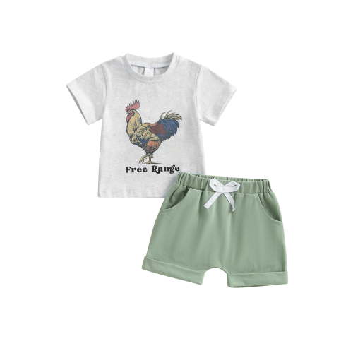 2Pcs Baby Kids Boy Summer Outfits 0 6 12 18 24 Months 2T 3T 4T 5T Short Sleeve Rooster Print T-Shirt + Shorts Set Infant Clothing