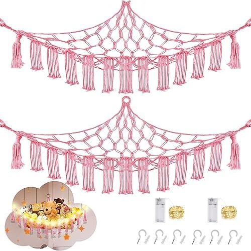 Stuffed Animal Hammock with LED Light, Large Stuffed Animals Storage Corner Plushie Net for Kids Room Decor, 2 Packs Pink