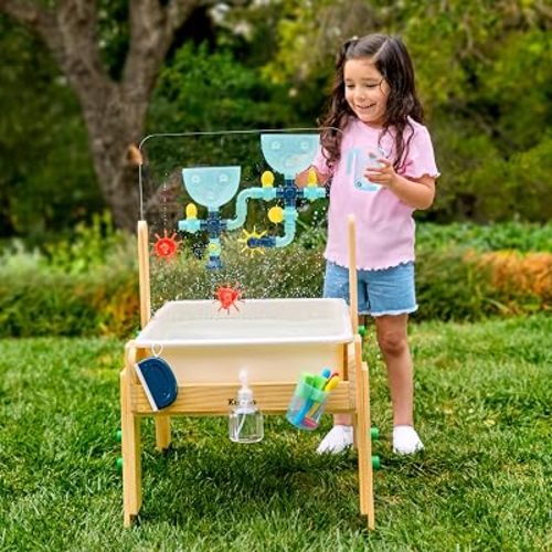 KiwiCo Water & Sand Activity Table for Kids – Premium Wooden Sensory Play Table with Art Panel and 26 Accessories, STEM Learning Toy Ages 3+