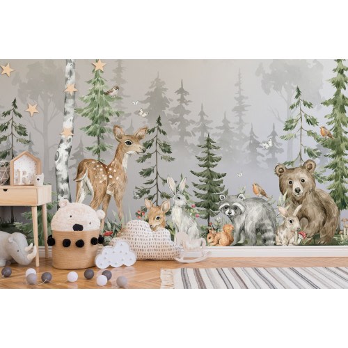 NEW! Peel and Stick or Traditional Woodland Forest Animals Nursery Baby Removable Wallpaper - Trees Bear Mountains Deer Rabbit Flowers Fox