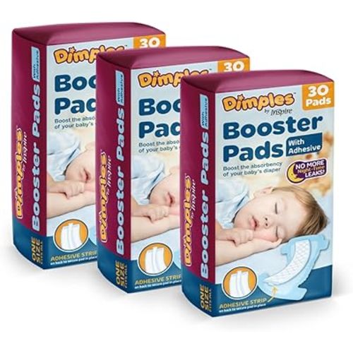 Inspire Dimples Booster Pads, Baby Diaper Doubler with Adhesive - 1 Size Fits All Diapers - Boosts Diaper Absorbency - No More leaks 90 Count (with Adhesive for Secure Fit)