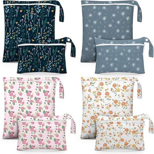 Reginary 8 Pack Wet Dry Bags Large & Small Waterproof Reusable Travel Bags Zipper Pouch for Baby Diapers Cloth Wet Clothes Beach Swimsuits Toiletries(2 Sizes,Flower Style)