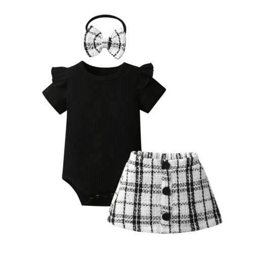 Infant Baby Girl Clothes Ruffle Short Sleeve Romper and Short Skirt with Headband 3PCS Set Black 0-3 Months