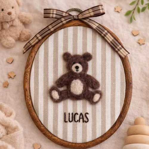 Custom Needle felted Teddy Bear Wall Art, Personalized Name, Baby Shower Gift, Baby Heirloom