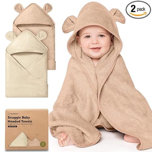 KeaBabies 2-Pack Hooded Baby Towels for Newborn - 30x30 Soft & Absorbent Viscose from Bamboo Baby Bath Towels with Hood for Infant, Toddler,Kids,Boys Girls,Newborn Bath Essentials (Almond, Petite)