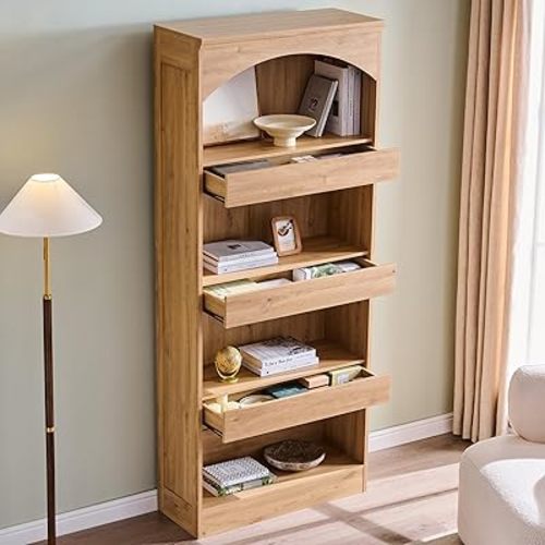 IFGET 76" Tall Arched Bookcase with 1PC Magnetic Lock Drawer, Modern Wooden Arch Bookshelf w/3 Pull-Out Drawers, Farmhouse 4 Tiers Book Shelf w/Open Shelves for Living Room, Office (Natural)