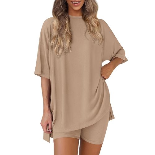 PRETTYGARDEN Women's Two Piece Lounge Set 2025 Summer Casual Oversized Shirts Biker Shorts Matching Airport Travel Outfit