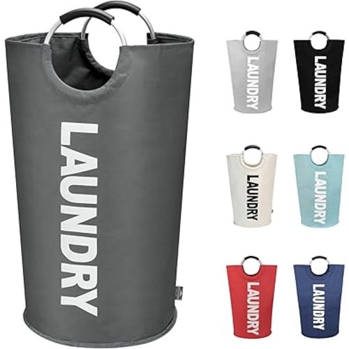DOKEHOM 90L Large Laundry Basket, Collapsible Laundry Bag, Freestanding Tall Clothes Hamper, Foldable Washing Bin (Dark Grey)