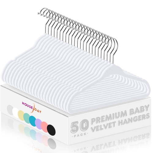 HOUSE DAY 50 Pack Velvet Kids Hangers 11'' Inch Baby Felt Hangers Space-Saving Thin Design Baby to Toddler Clothes Organizer, White