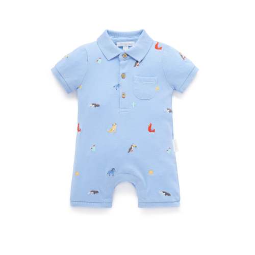 Blue Animal Fiesta Polo Growsuit - Baby Growsuits - Purebaby - Purebaby