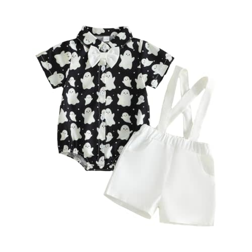 Halloween Baby Boy Outfit Newborn Button Down Shirt Romper Shorts Clothes | Pumpkin Ghost Short Sleeve Bodysuit Top Solid Suspender Shorts 2 Piece Gentleman Suit Infant Spooky Season Outfits
