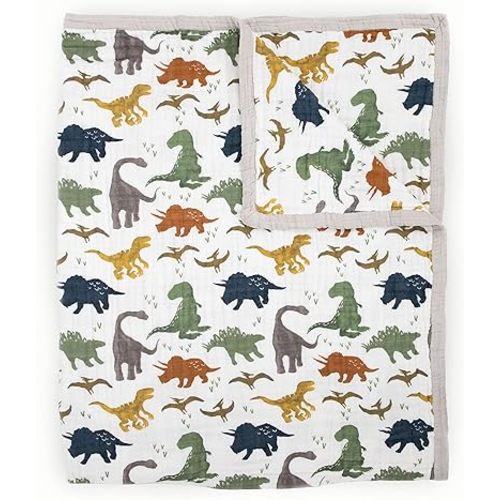 Little Unicorn Premium Quilted Throw | Super Soft, Multi-Layered Muslin XL Blanket| Great for Kids & Families (Dino Friends)