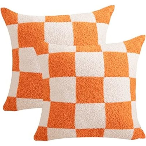 NIDITW Set of 2 Orange Checkered Pillow Covers 18x18 Inches Ultra Soft Microfiber Double Sided Gingham Pattern Invisible Zipper for Sofa Couch Bed Decor (Orange)