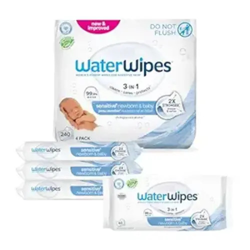 WaterWipes Sensitive+ Newborn & Baby Wipes, 3-In-1 Cleans, Cares, Protects, 99.9% Water, Unscented & Hypoallergenic, 240 Count (4 Packs)