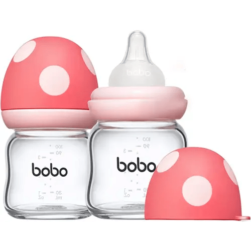 YOHKOH Natural Glass Baby Bottle with Level 2 Medium Flow Nipple, Newborn Anti-Colic Baby Bottles, Wide Neck Mushroom Baby Glass Bottle (3.4oz (Pack of 2), Red)