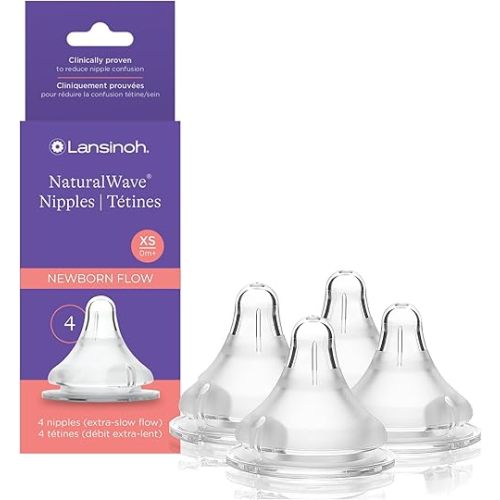 Lansinoh NaturalWave Baby Bottle Nipples, Extra Slow Flow, Size XS, 0+ Months, 4 Count – 100% Soft, Durable Silicone, Made Without BPA BPS, Anti-Colic, Supports Baby’s Developing Mouth and Teeth