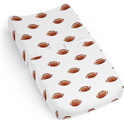 Sweet Jojo Designs Baby Changing Pad Cover Sheet (Brown and White Football) for Boys, Infant/Newborn Diaper Change Table Mat Covers (for the Sports Theme, Watercolor, Vintage Sport Themed Collection)