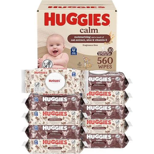 Huggies Calm Baby Wipes, Unscented, Hypoallergenic, 10 Push Button Packs (560 Wipes Total)